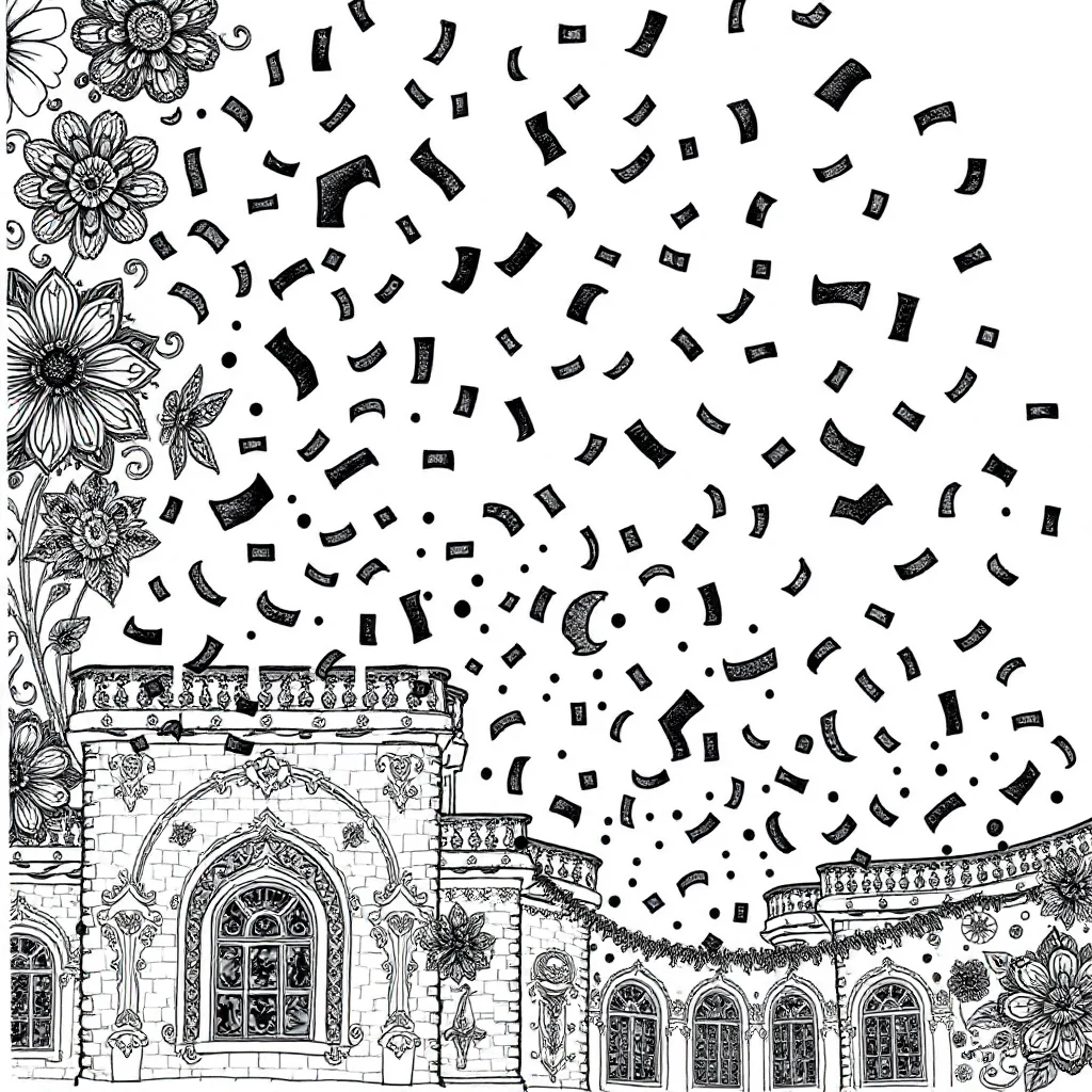 New year a party with confetti leaping mid air — detailed new year coloring page (ages 9+ & adults)