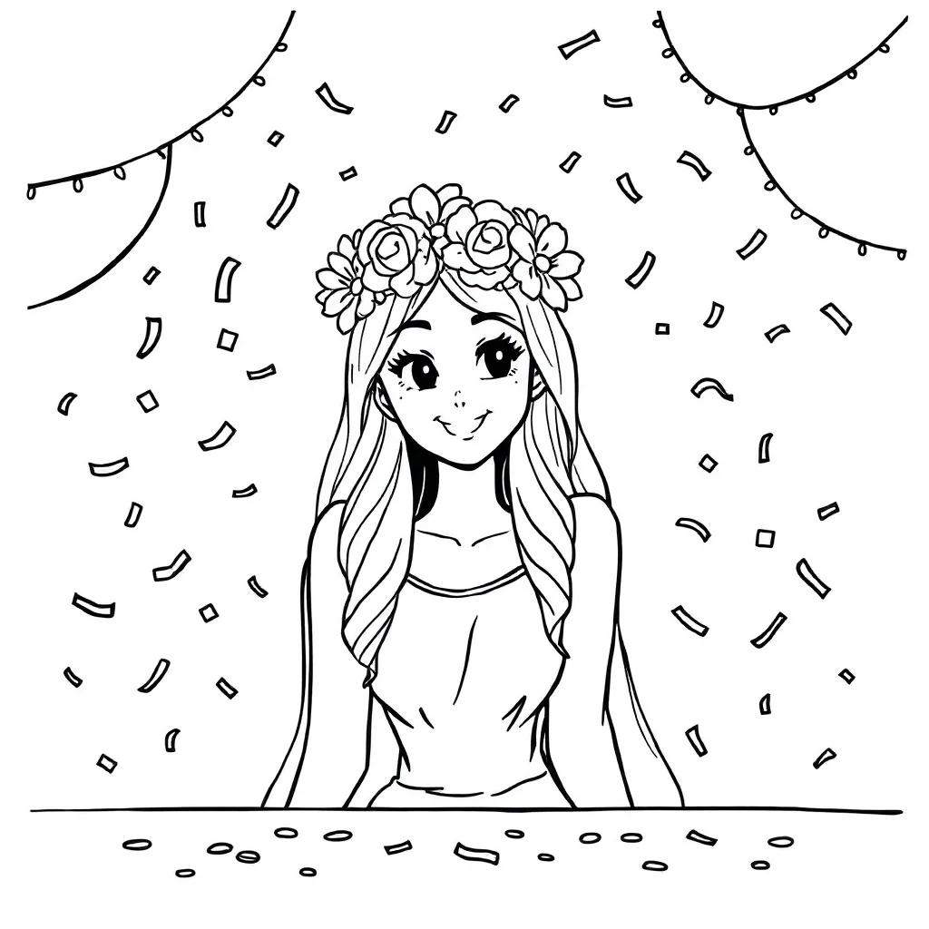 New year a party with confetti wearing a flower crown — classic new year coloring page (ages 5–10)
