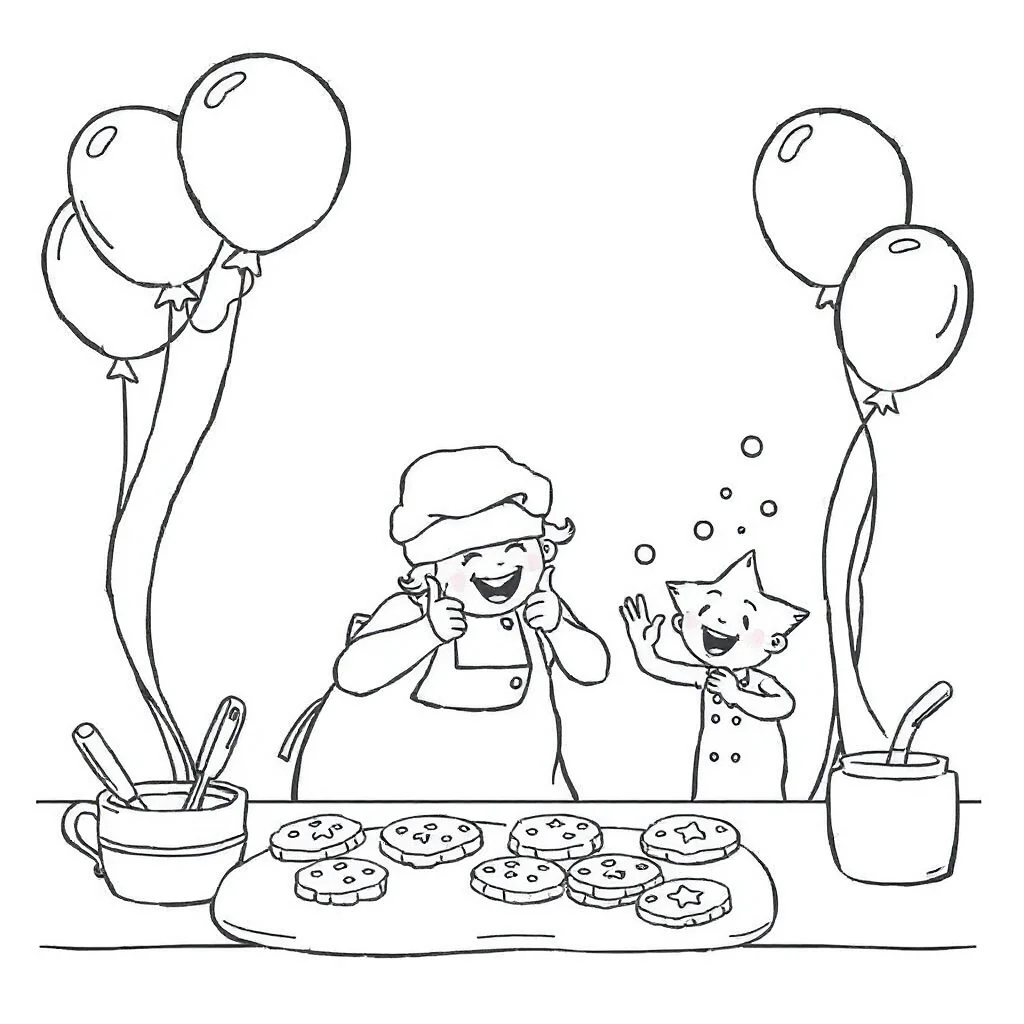 New year balloons and stars baking cookies — classic new year coloring page (ages 5–10)