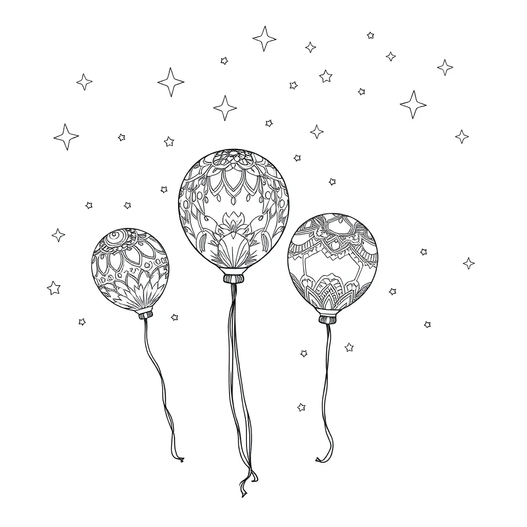 New year balloons and stars under the night sky with stars — detailed new year coloring page (ages 9+ & adults)