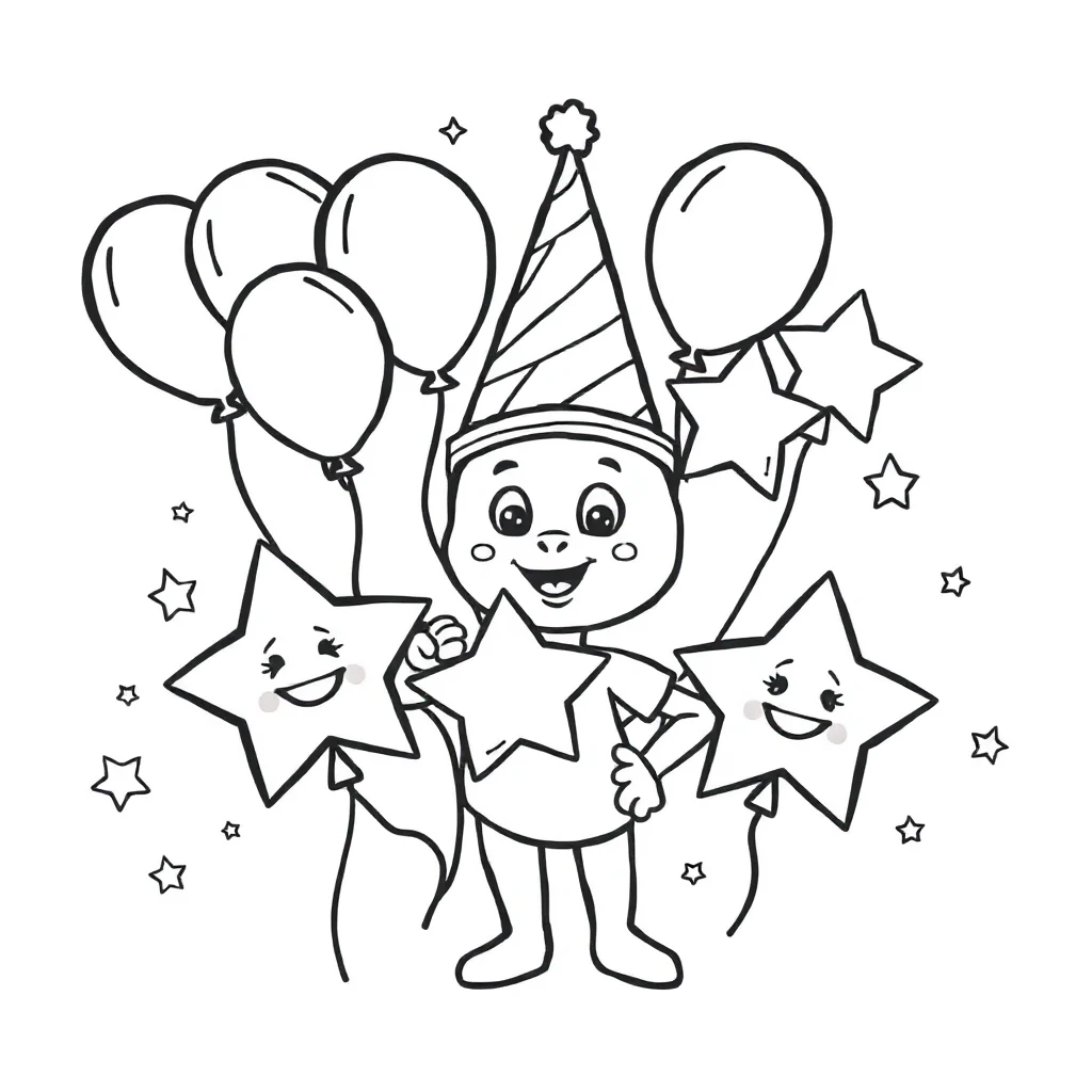 New year balloons and stars wearing a party hat — classic new year coloring page (ages 5–10)