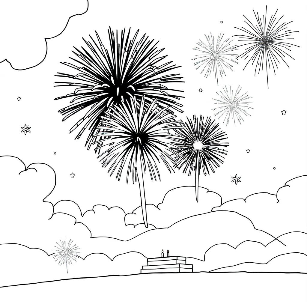 New year fireworks in the sky celebrating a birthday — classic new year coloring page (ages 5–10)