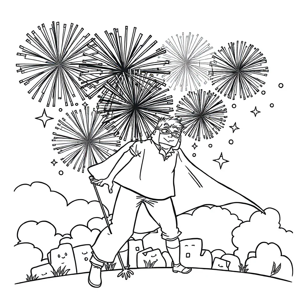 New year fireworks in the sky in a superhero cape — classic new year coloring page (ages 5–10)