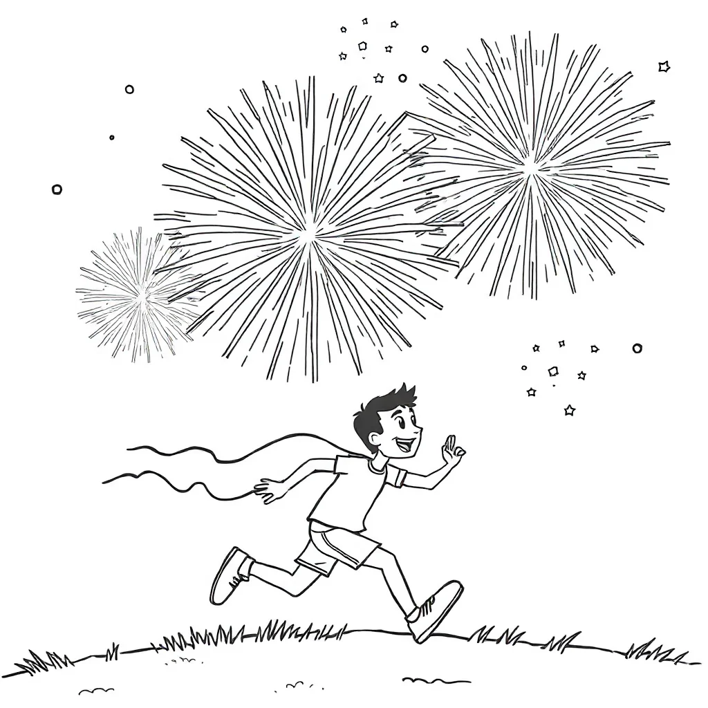 New year fireworks in the sky running — easy new year coloring page (ages 2–5)