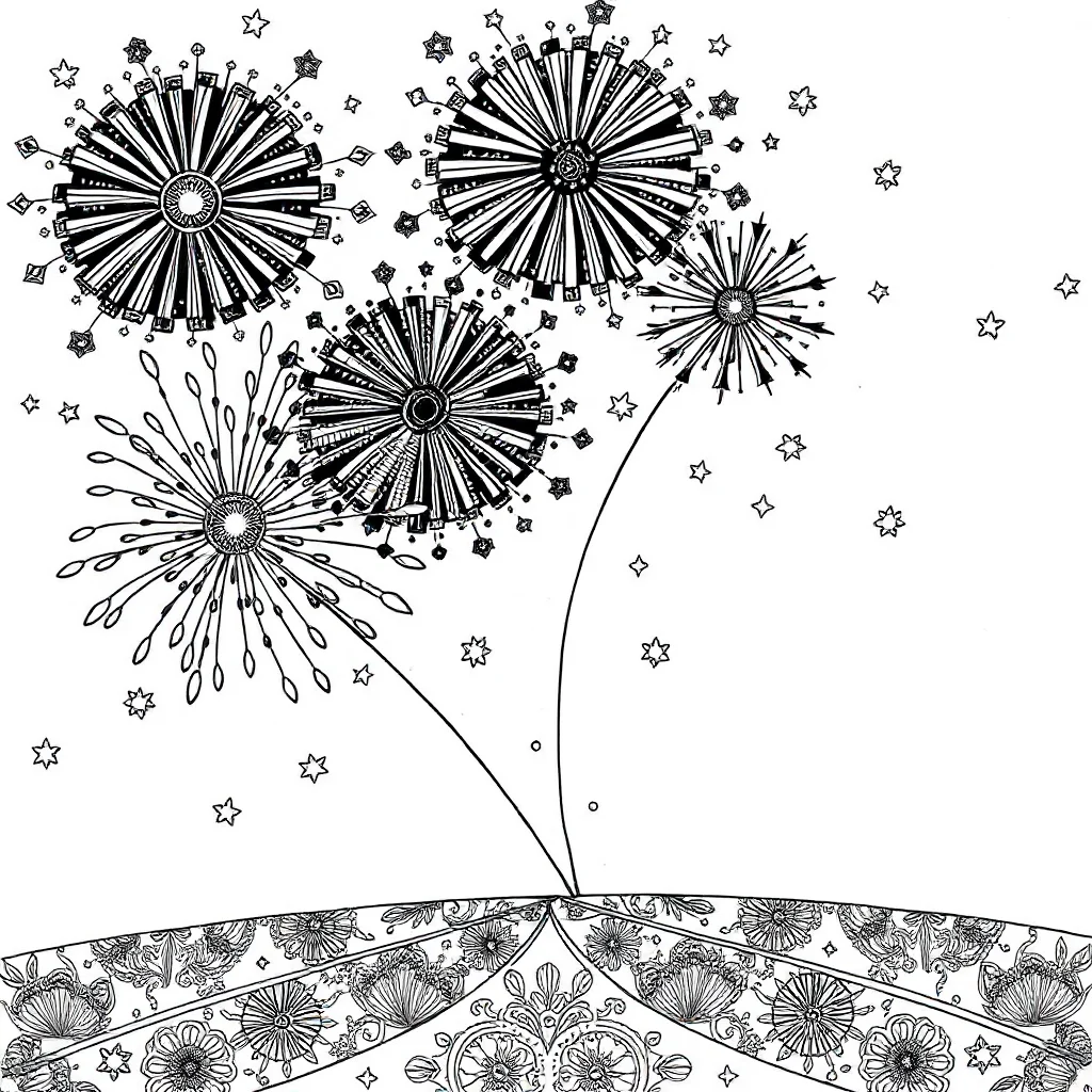 New year fireworks in the sky sitting — detailed new year coloring page (ages 9+ & adults)
