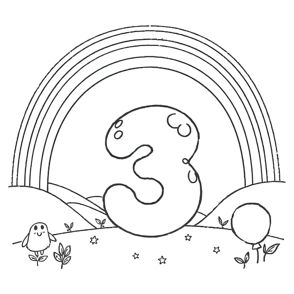 Numbers a bubble number under a rainbow — classic numbers coloring page (ages 5–10)