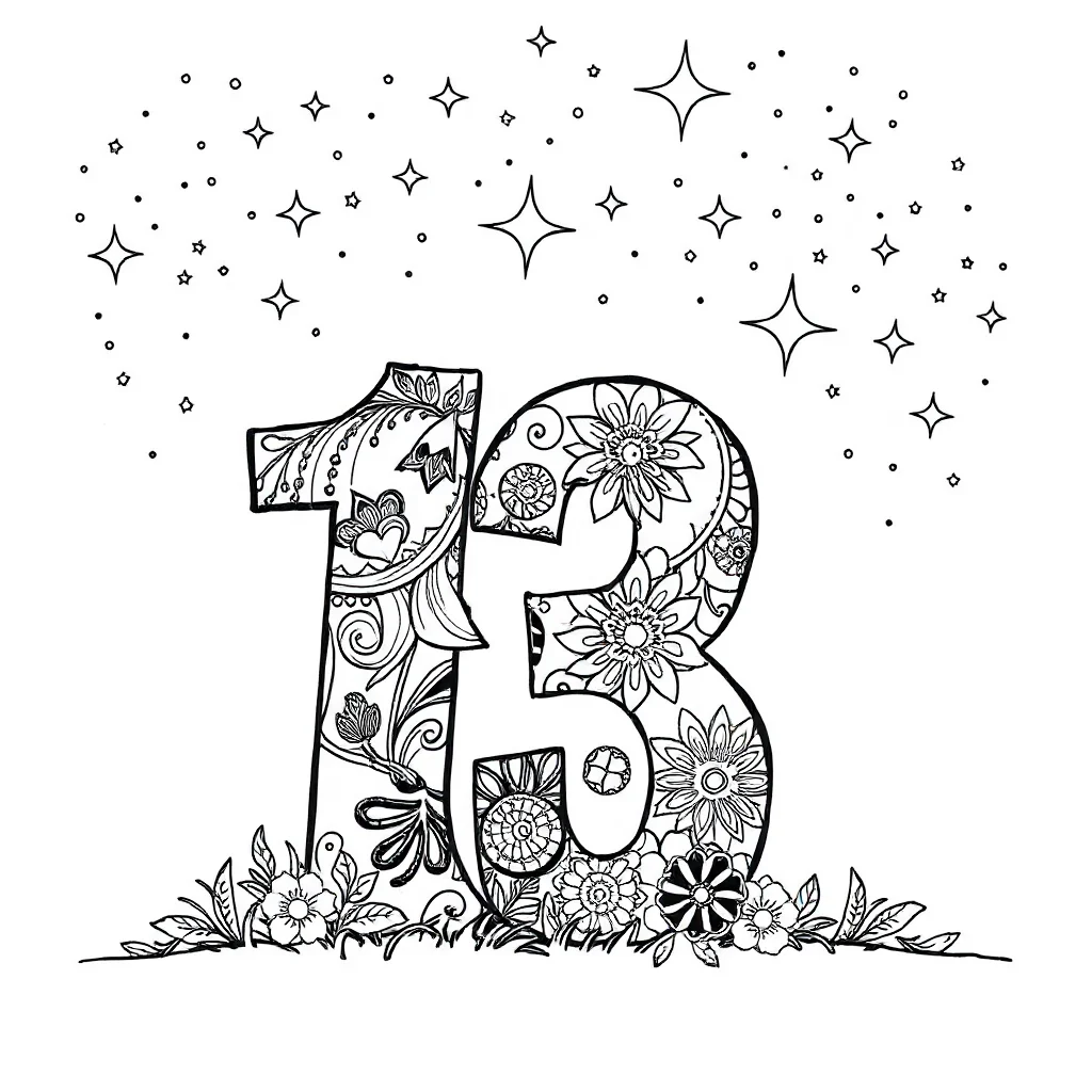 Numbers a cute number under the night sky with stars — detailed numbers coloring page (ages 9+ & adults)