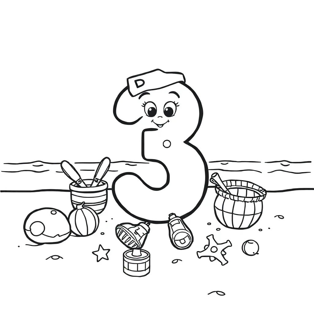 Numbers a number with objects to count on the beach — classic numbers coloring page (ages 5–10)