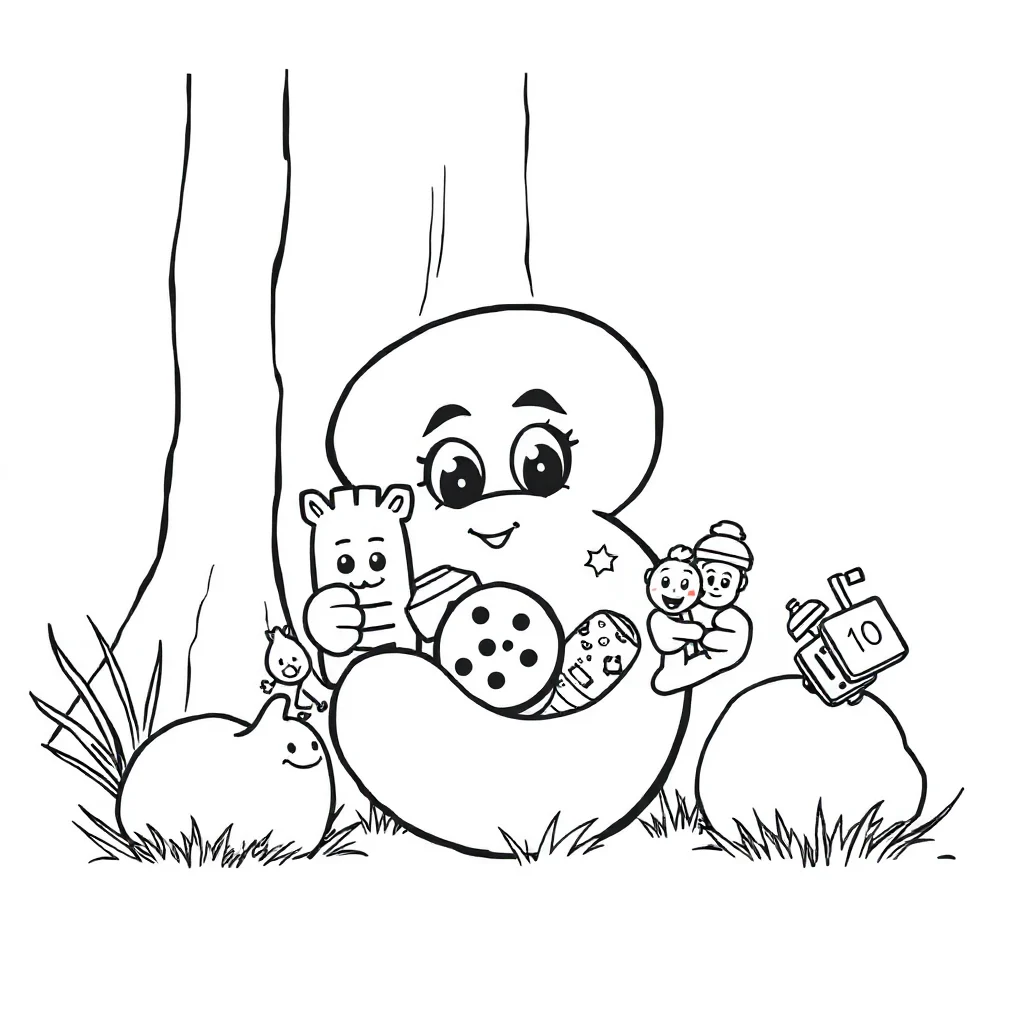 Numbers a number with objects to count peeking from behind something — classic numbers coloring page (ages 5–10)