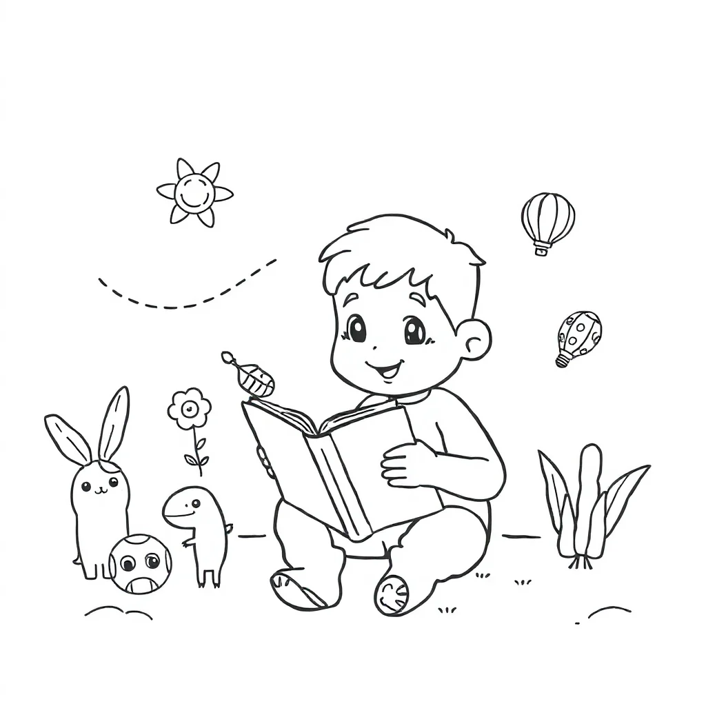Numbers a number with objects to count reading a book — classic numbers coloring page (ages 5–10)