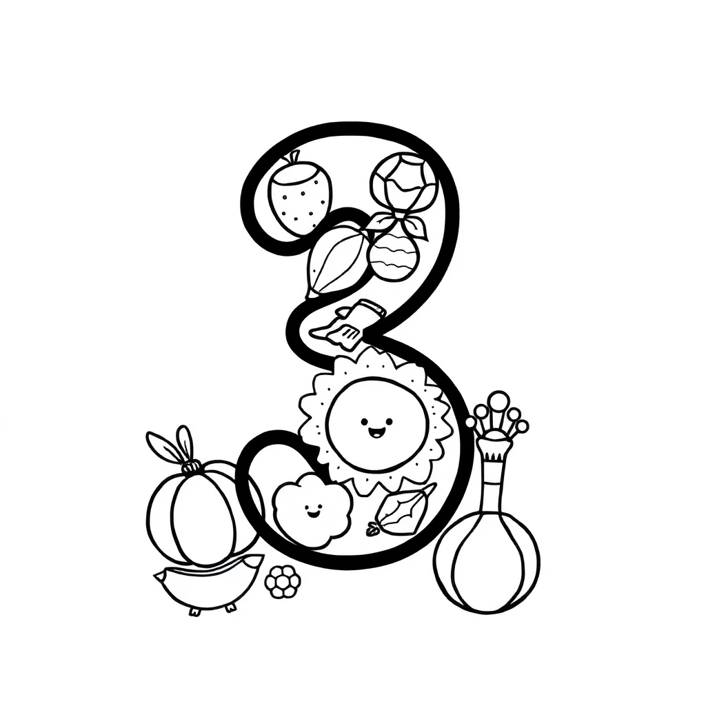 Numbers a number with objects to count — easy numbers coloring page (ages 2–5)