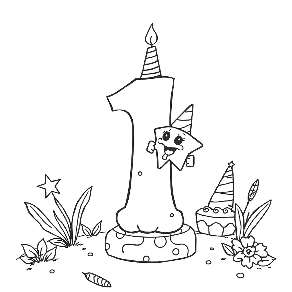 Numbers the number with one star celebrating a birthday — classic numbers coloring page (ages 5–10)