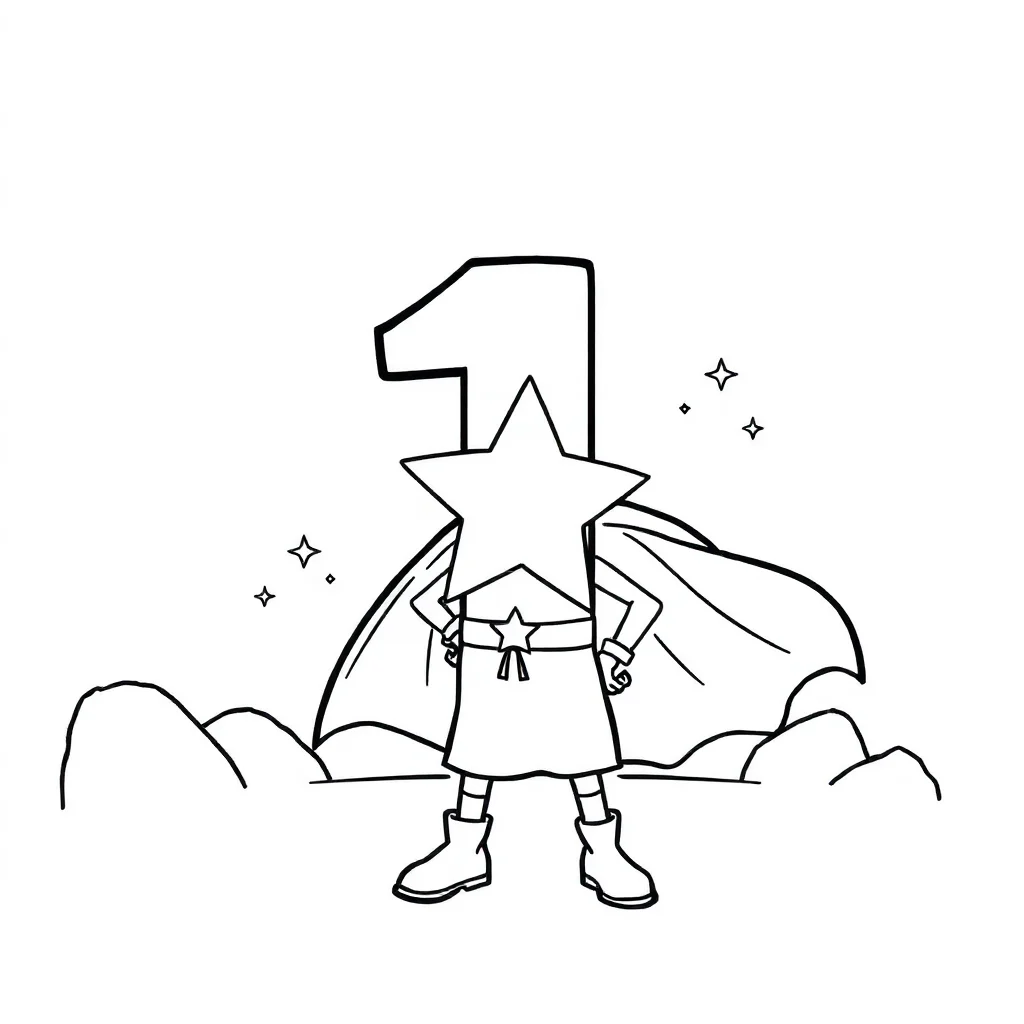 Numbers the number with one star in a superhero cape — classic numbers coloring page (ages 5–10)