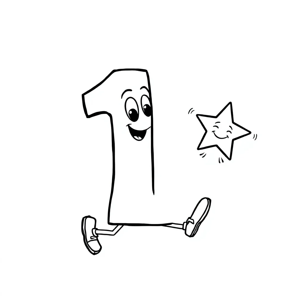 Numbers the number with one star running — easy numbers coloring page (ages 2–5)