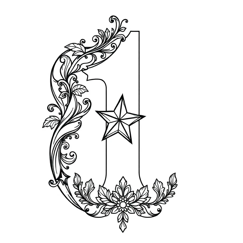 Numbers the number with one star sitting — detailed numbers coloring page (ages 9+ & adults)