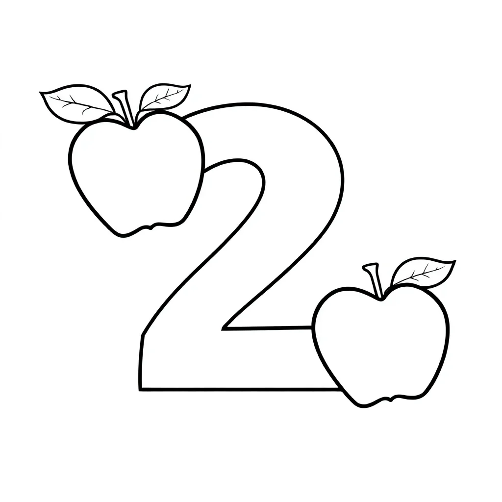 Numbers the number with two apples flying — easy numbers coloring page (ages 2–5)