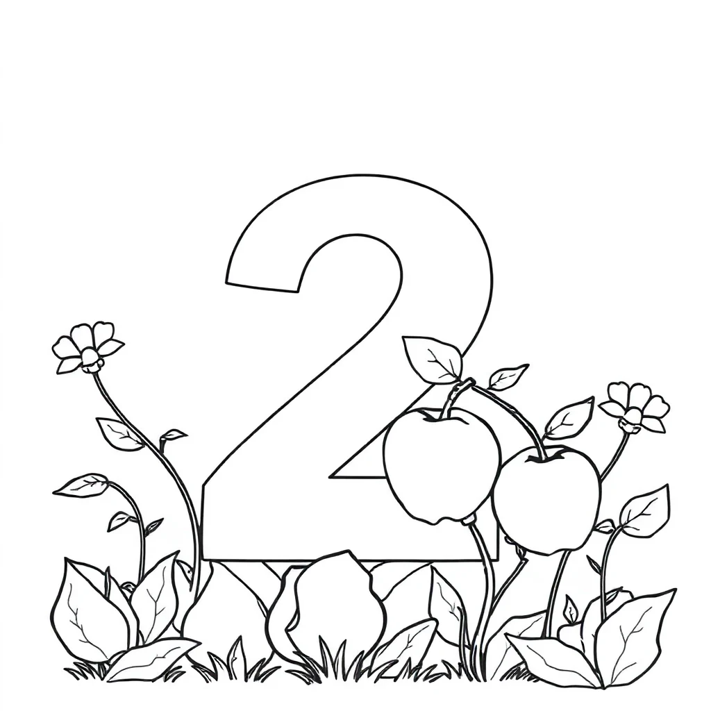 Numbers the number with two apples in a flower garden — classic numbers coloring page (ages 5–10)