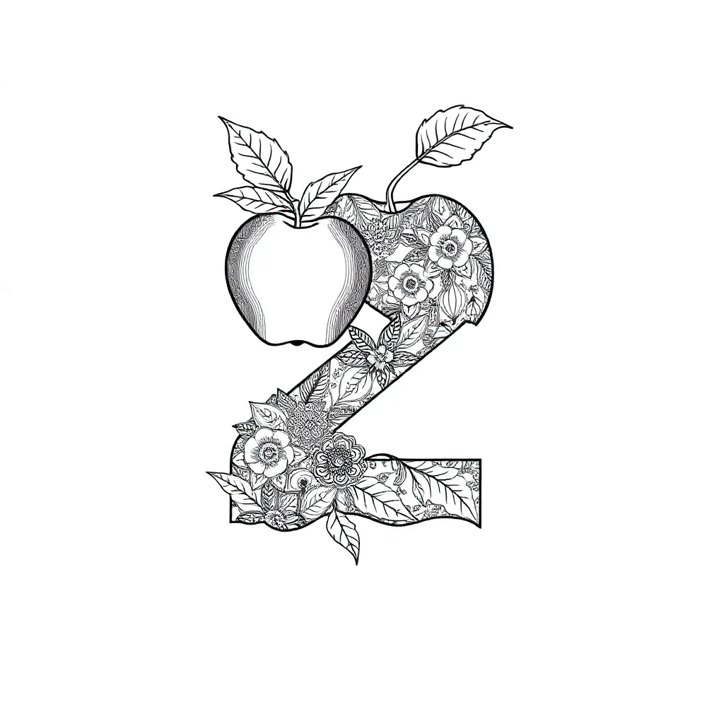Numbers the number with two apples leaping mid air — detailed numbers coloring page (ages 9+ & adults)