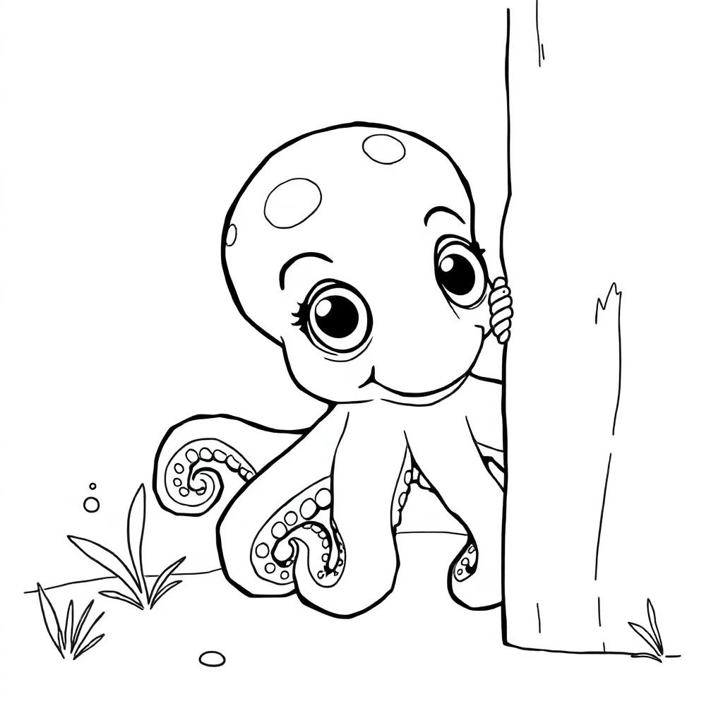 Octopuses a baby octopus peeking from behind something — classic octopuses coloring page (ages 5–10)