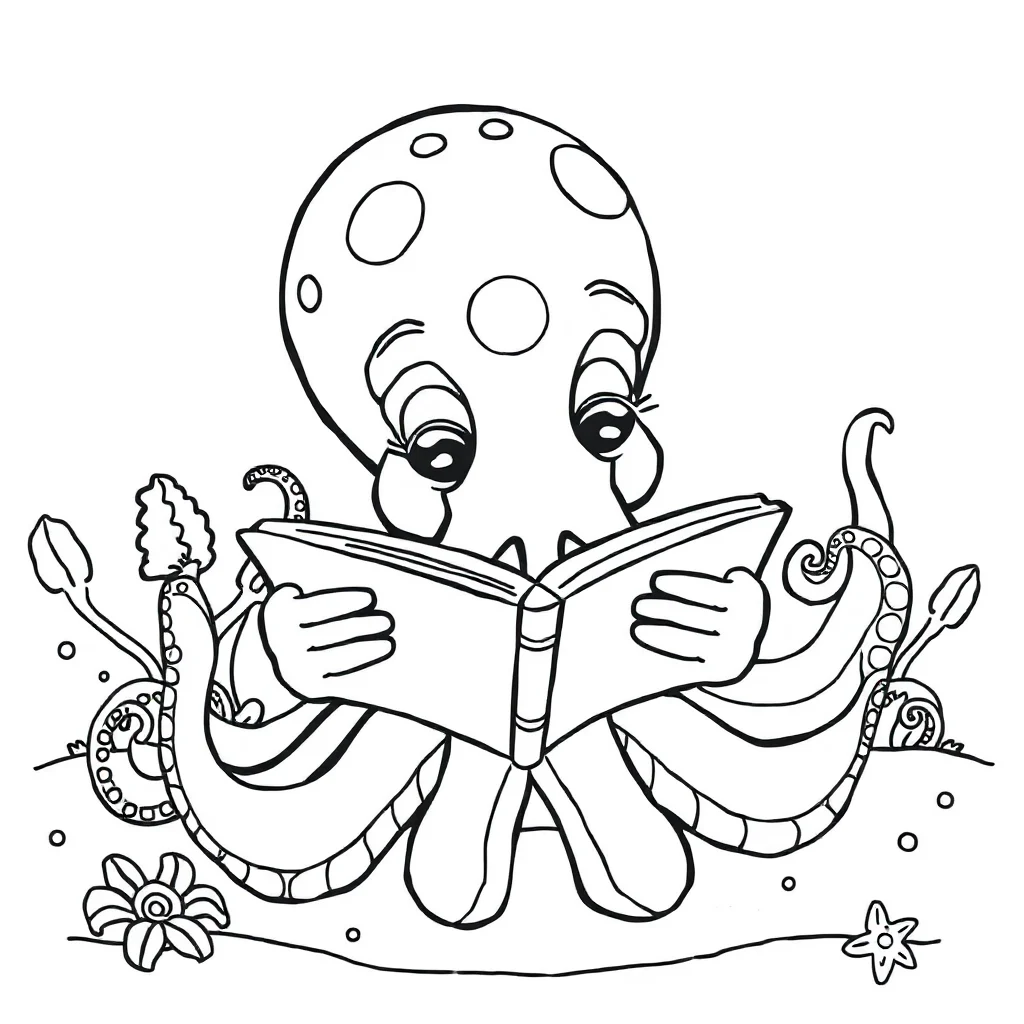 Octopuses a baby octopus reading a book — classic octopuses coloring page (ages 5–10)