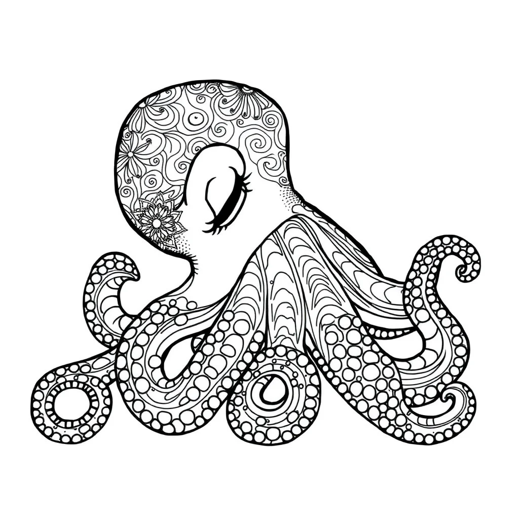 Octopuses a baby octopus sleeping curled up — detailed octopuses coloring page (ages 9+ & adults)