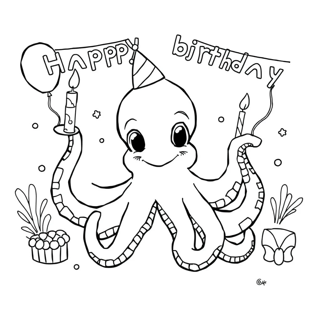 Octopuses a cute octopus celebrating a birthday — classic octopuses coloring page (ages 5–10)