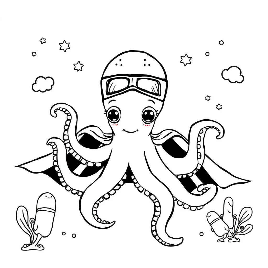 Octopuses a cute octopus in a superhero cape — classic octopuses coloring page (ages 5–10)