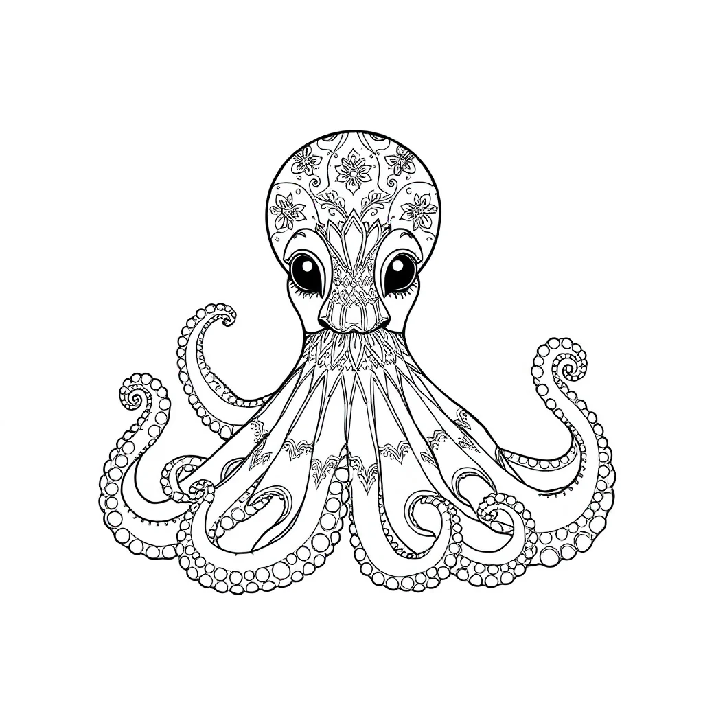 Octopuses a cute octopus sitting — detailed octopuses coloring page (ages 9+ & adults)