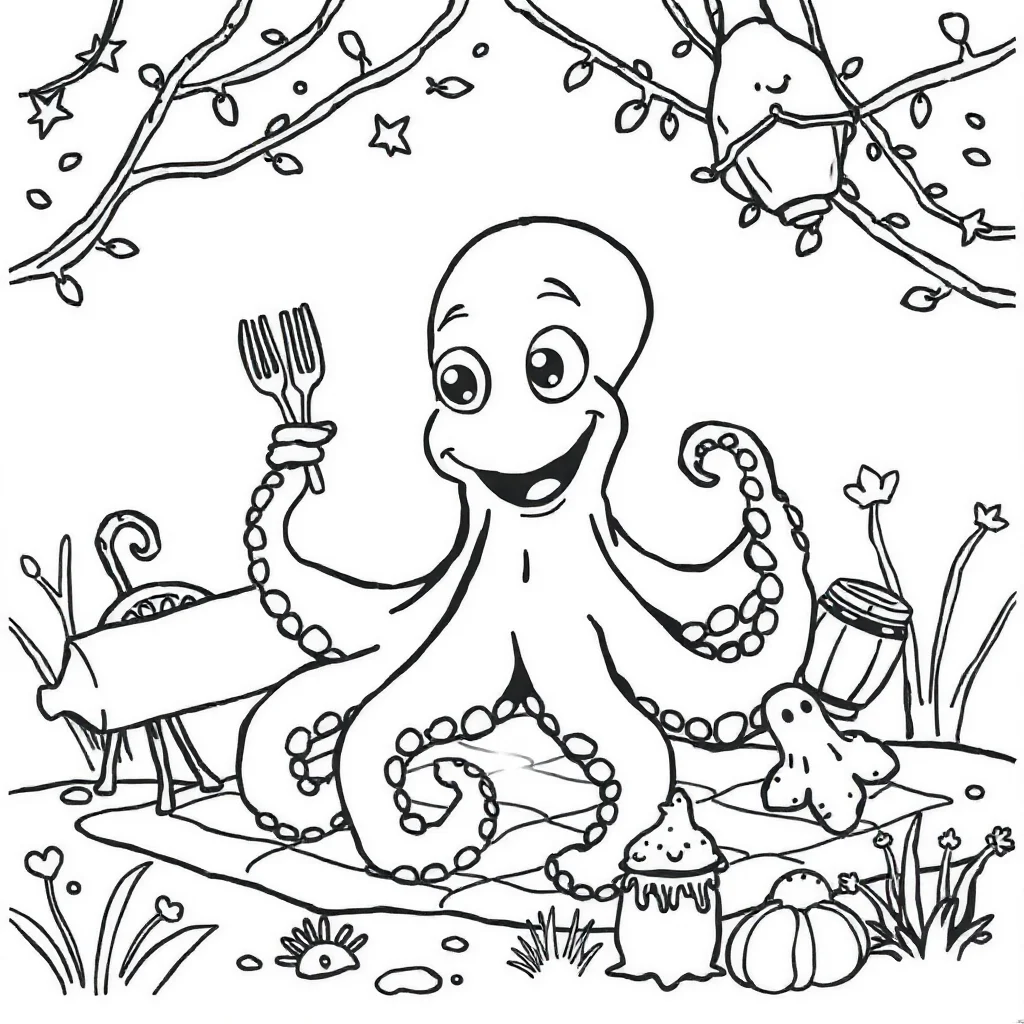 Octopuses a smiling octopus having a picnic — classic octopuses coloring page (ages 5–10)