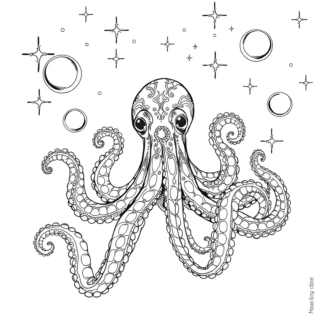 Octopuses an octopus with bubbles under the night sky with stars — detailed octopuses coloring page (ages 9+ & adults)