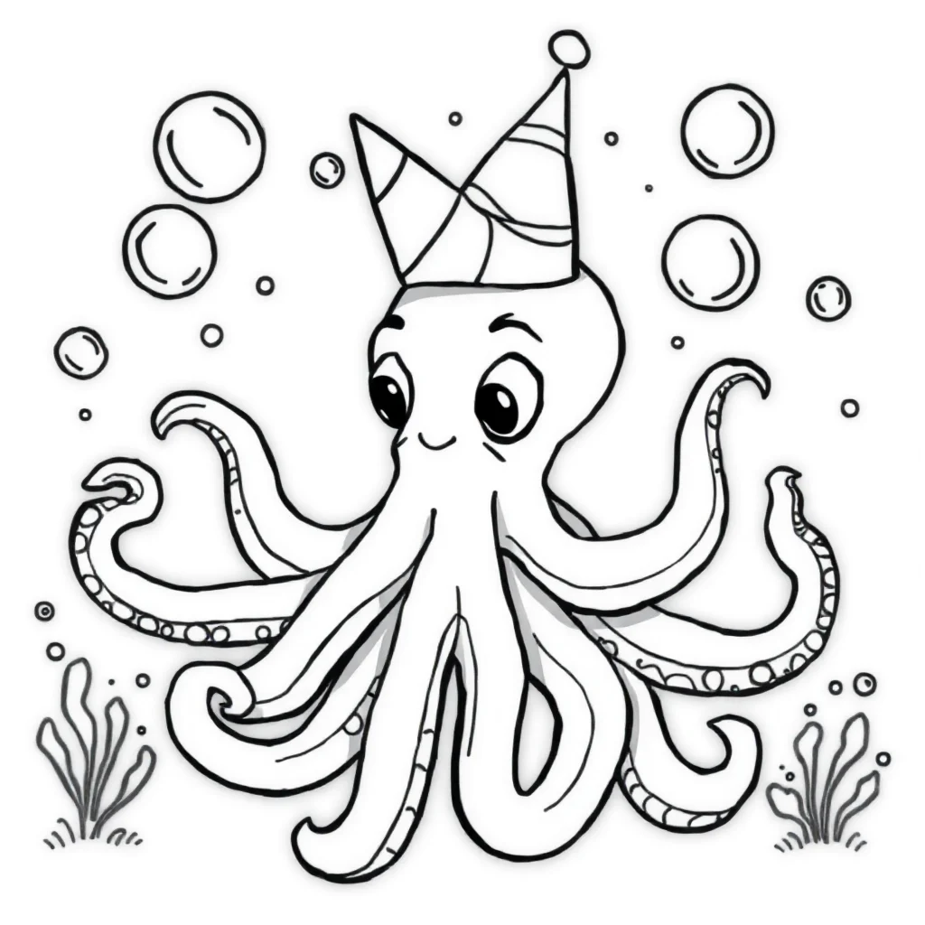 Octopuses an octopus with bubbles wearing a party hat — classic octopuses coloring page (ages 5–10)