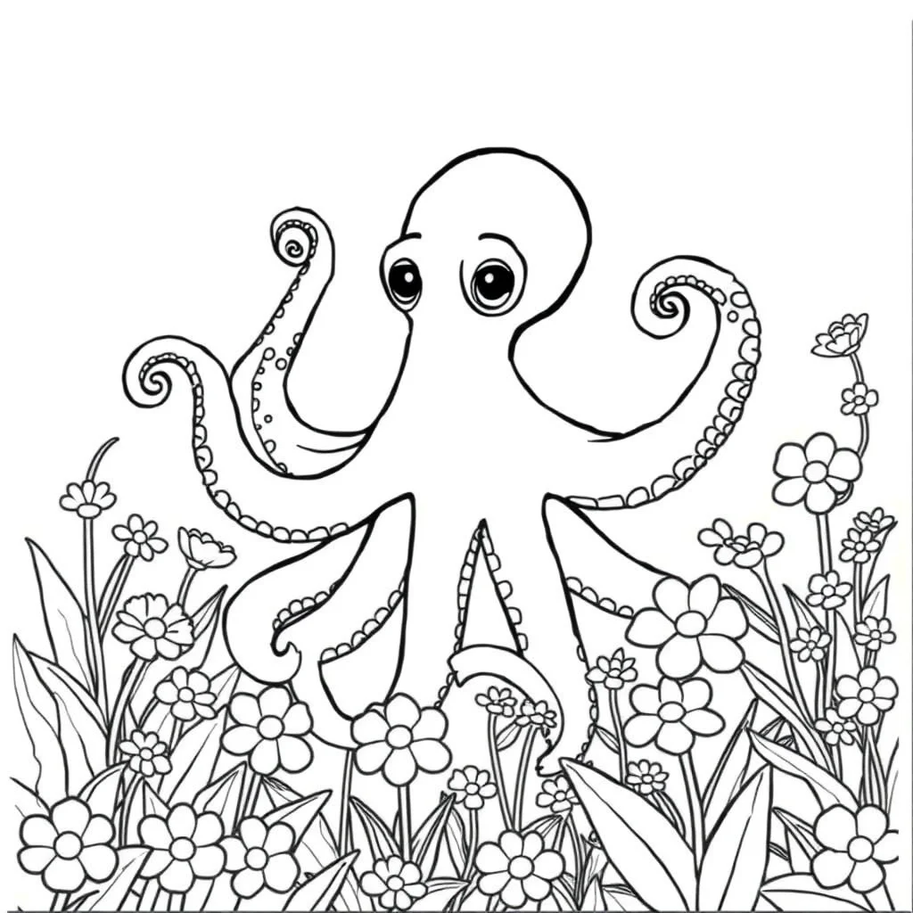 Octopuses an octopus with curly arms in a flower garden — classic octopuses coloring page (ages 5–10)