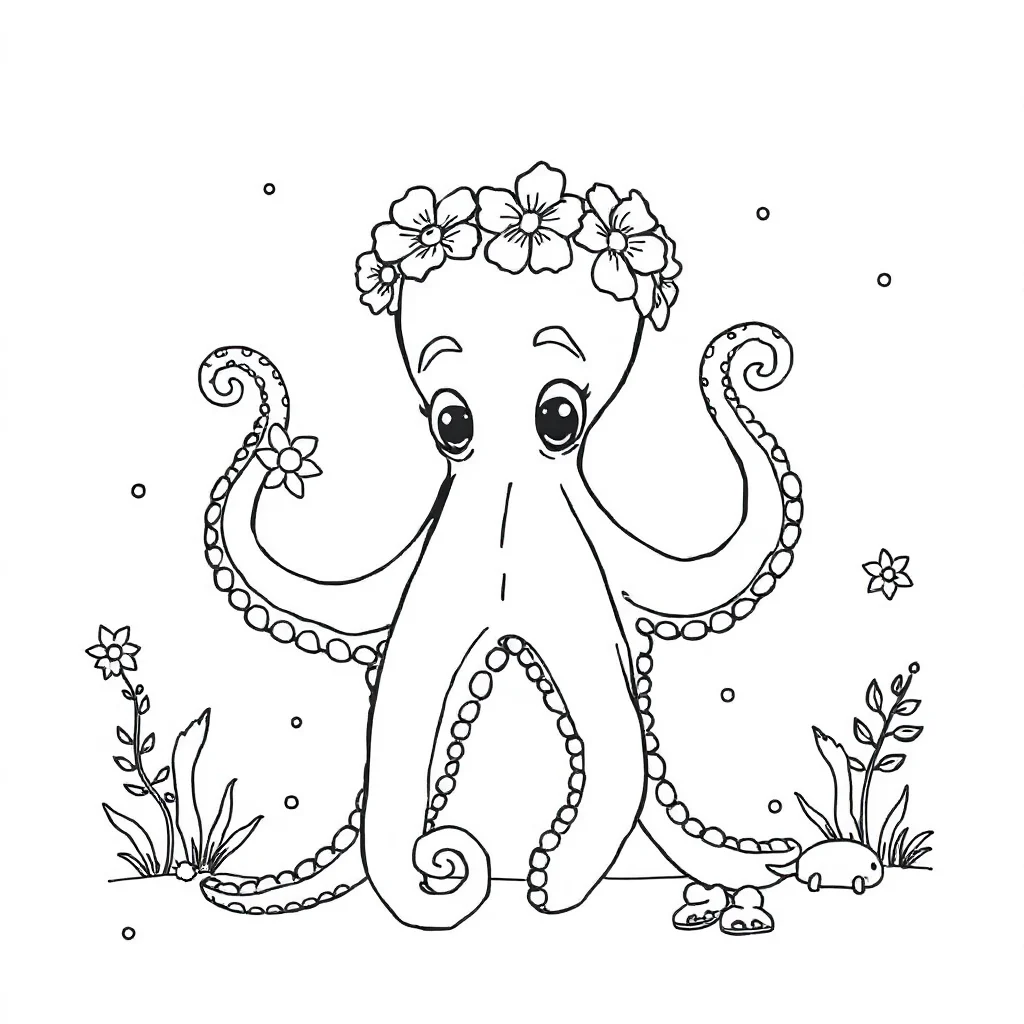 Octopuses an octopus with curly arms wearing a flower crown — classic octopuses coloring page (ages 5–10)