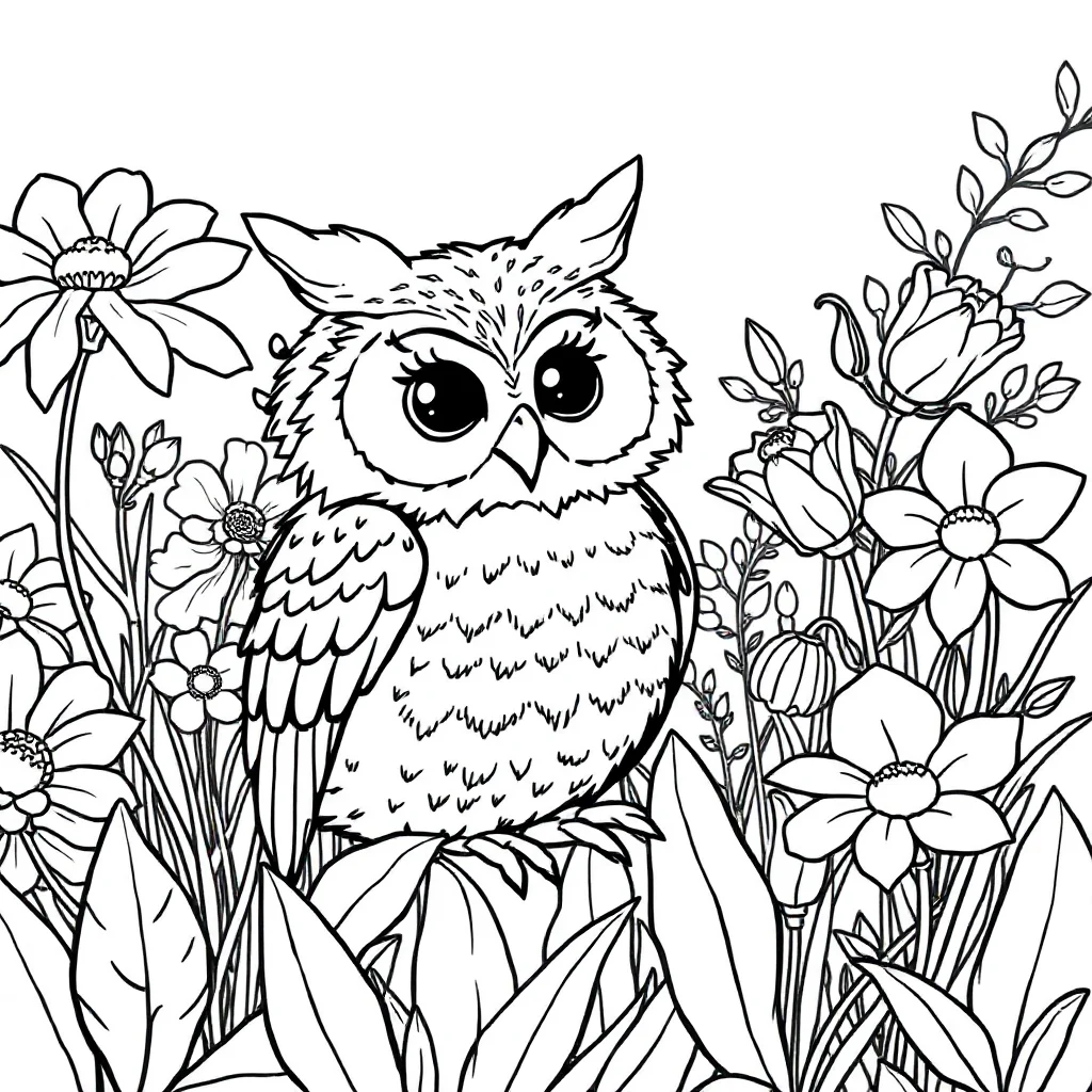 Owls a baby owl in a flower garden — classic owls coloring page (ages 5–10)