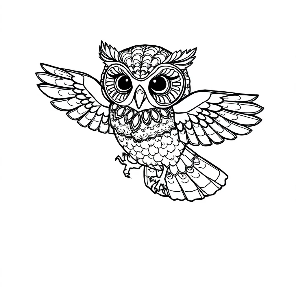Owls a baby owl leaping mid air — detailed owls coloring page (ages 9+ & adults)