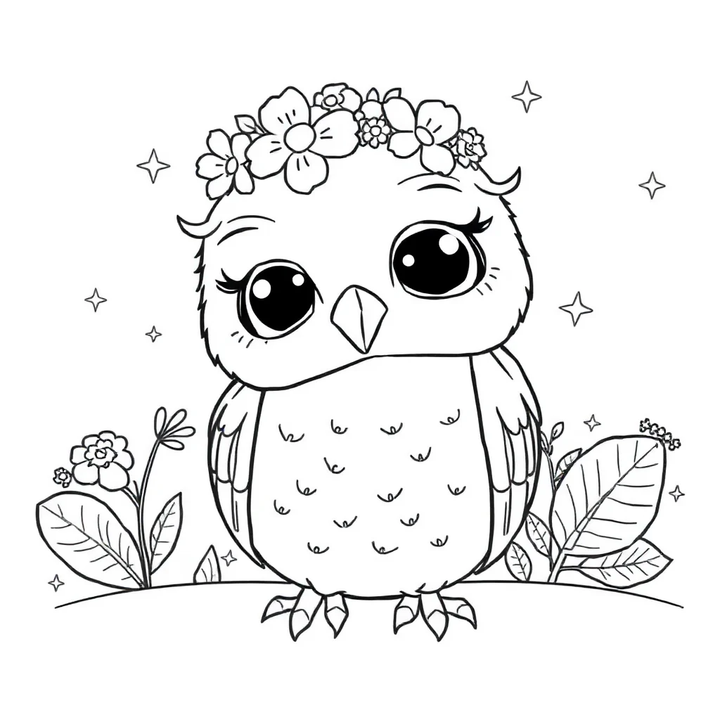 Owls a baby owl wearing a flower crown — classic owls coloring page (ages 5–10)