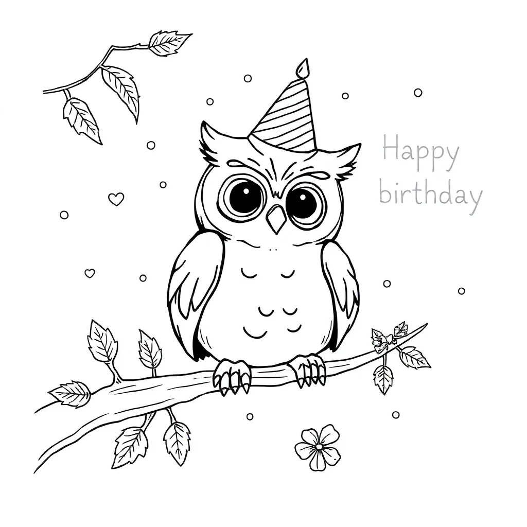 Owls a cute owl on a branch celebrating a birthday — classic owls coloring page (ages 5–10)