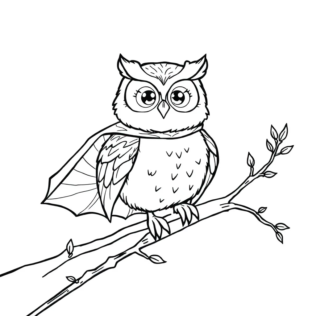 Owls a cute owl on a branch in a superhero cape — classic owls coloring page (ages 5–10)