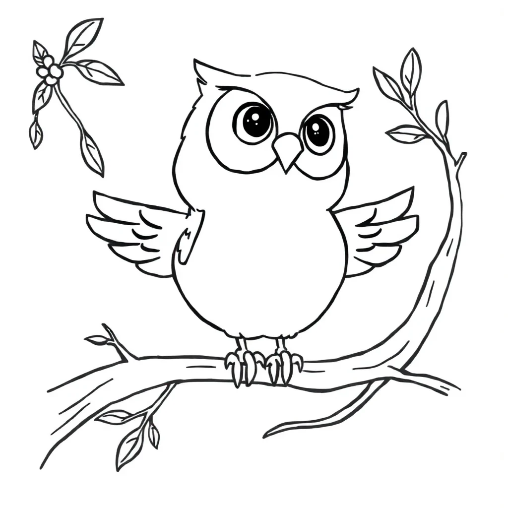 Owls a cute owl on a branch running — easy owls coloring page (ages 2–5)