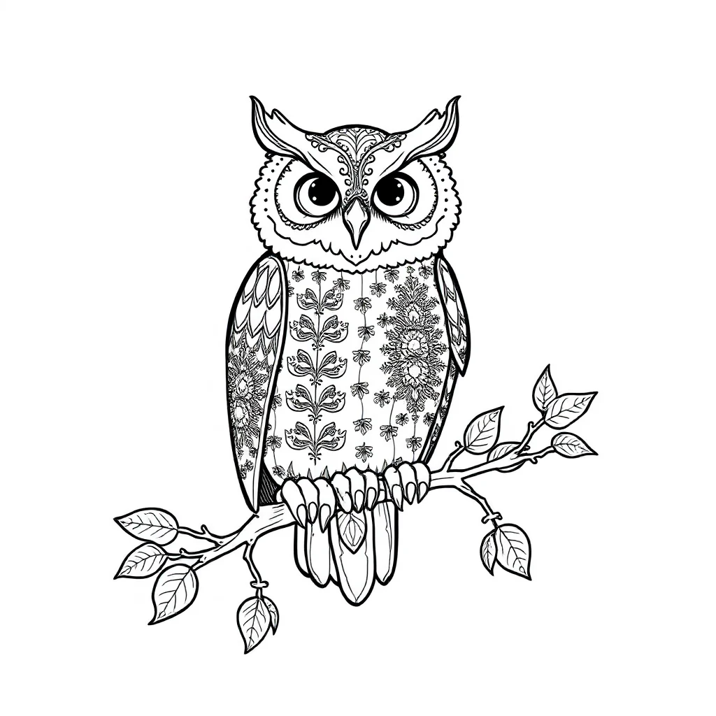 Owls a cute owl on a branch sitting — detailed owls coloring page (ages 9+ & adults)