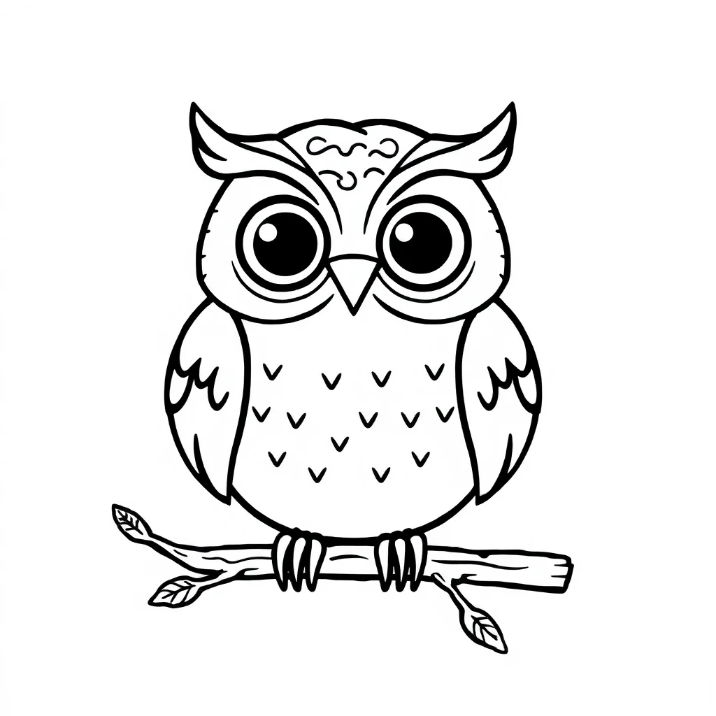 Owls a cute owl on a branch — easy owls coloring page (ages 2–5)