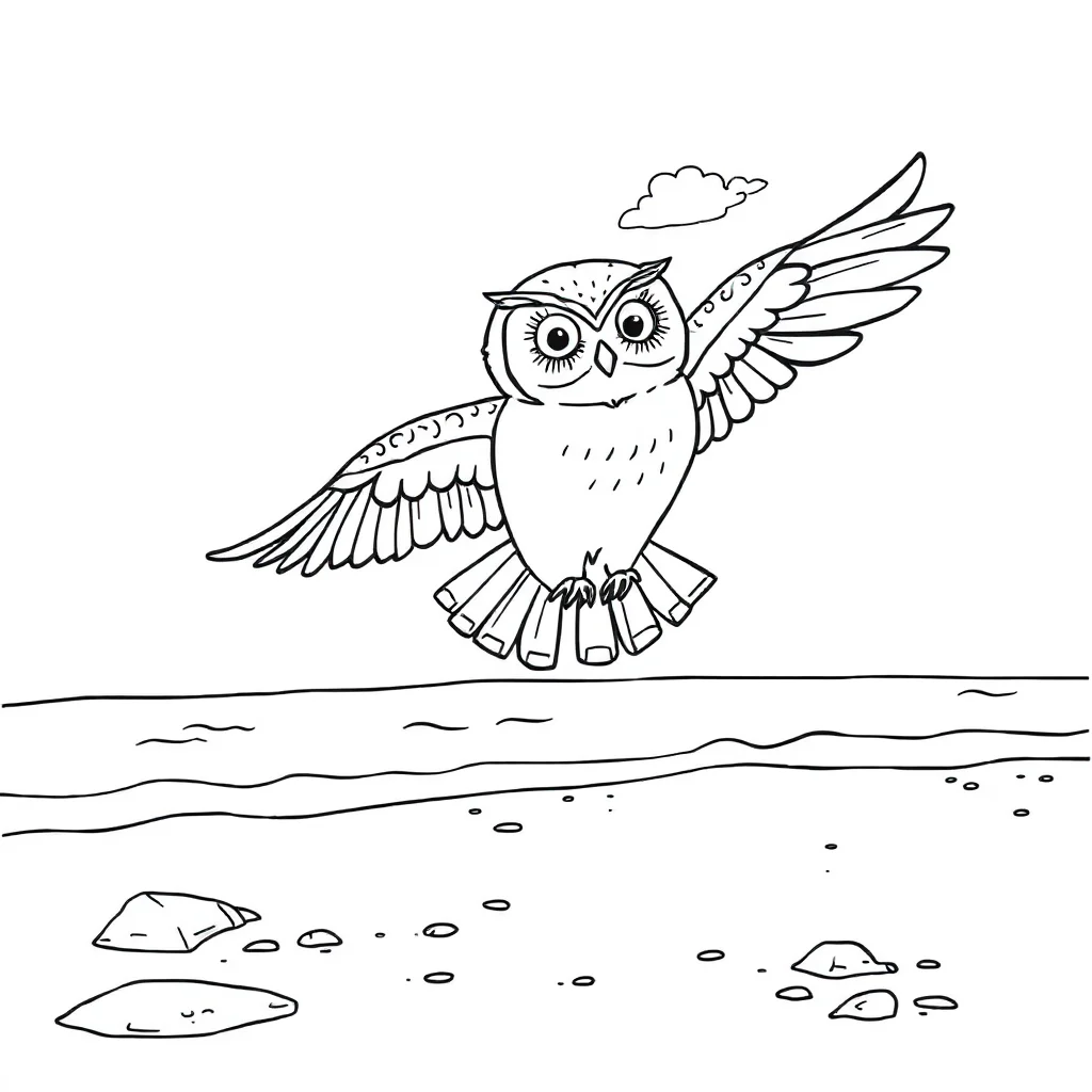 Owls an owl flying on the beach — classic owls coloring page (ages 5–10)