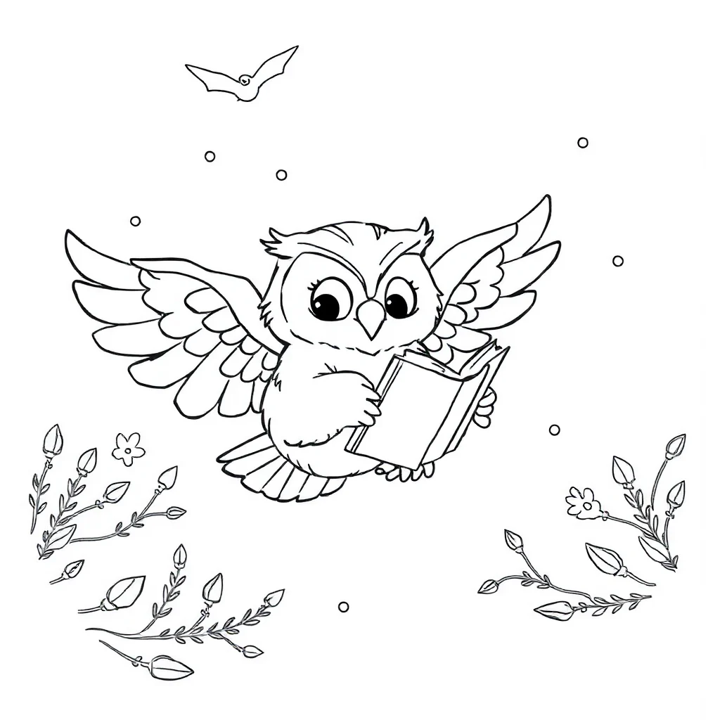 Owls an owl flying reading a book — classic owls coloring page (ages 5–10)