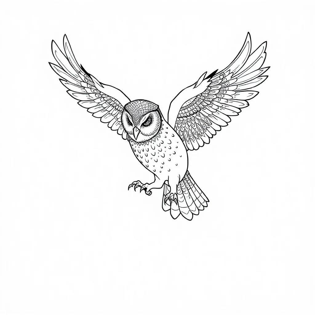 Owls an owl flying sleeping curled up — detailed owls coloring page (ages 9+ & adults)