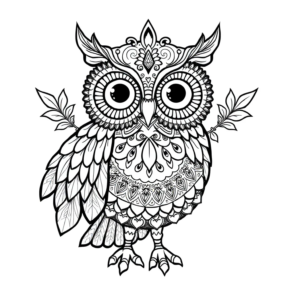 Owls an owl with big eyes dancing — detailed owls coloring page (ages 9+ & adults)