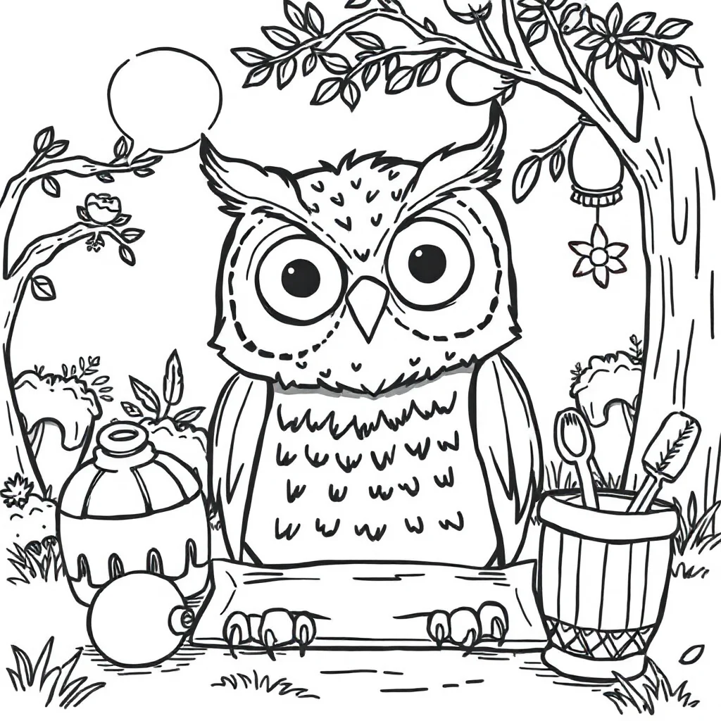 Owls an owl with big eyes having a picnic — classic owls coloring page (ages 5–10)