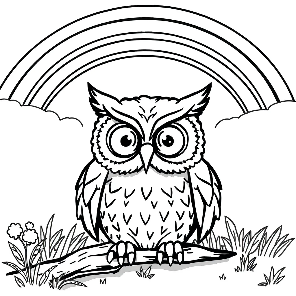 Owls an owl with big eyes under a rainbow — classic owls coloring page (ages 5–10)