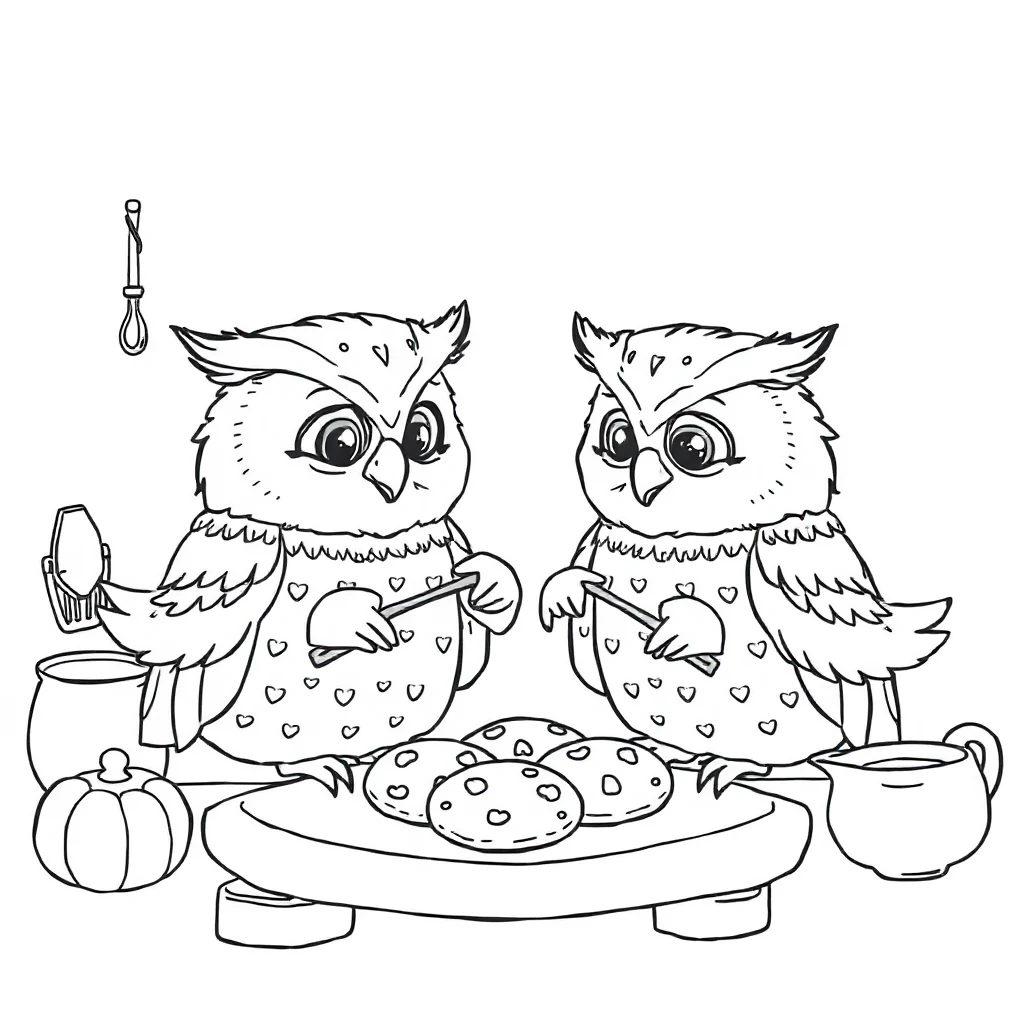Owls two owls together baking cookies — classic owls coloring page (ages 5–10)