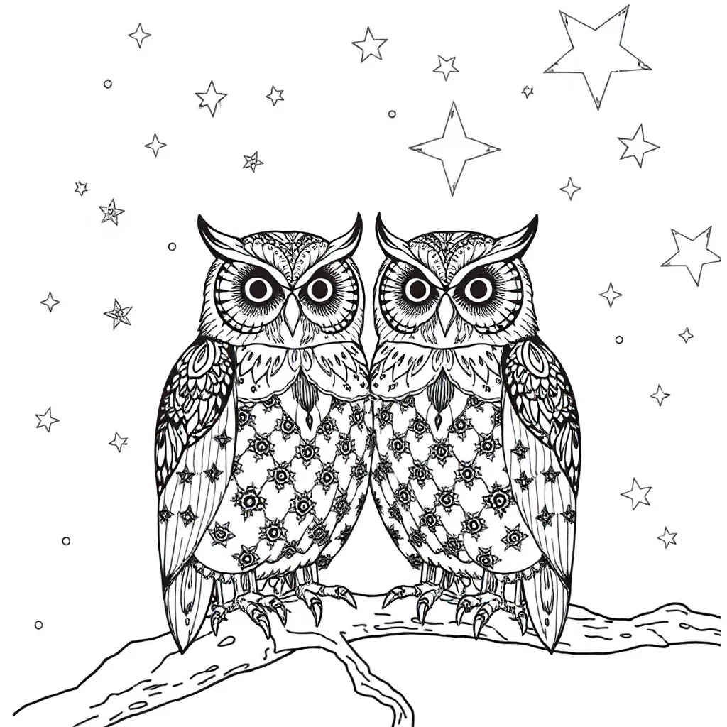 Owls two owls together under the night sky with stars — detailed owls coloring page (ages 9+ & adults)