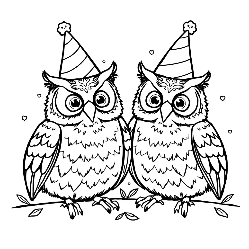 Owls two owls together wearing a party hat — classic owls coloring page (ages 5–10)